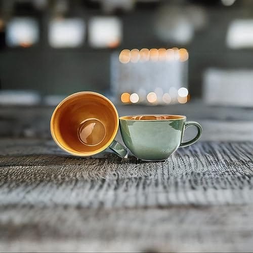 STOREPEDIA Handcrafted Ceramic Coffee Cup, Jumbo Mugs Coffee, Soup Tea Chai Milk Mug Cups, Microwave Dishwasher Safe for Daily Office Home Use, Large Size, 400 ml Set of 2 Dark Green Color view 2