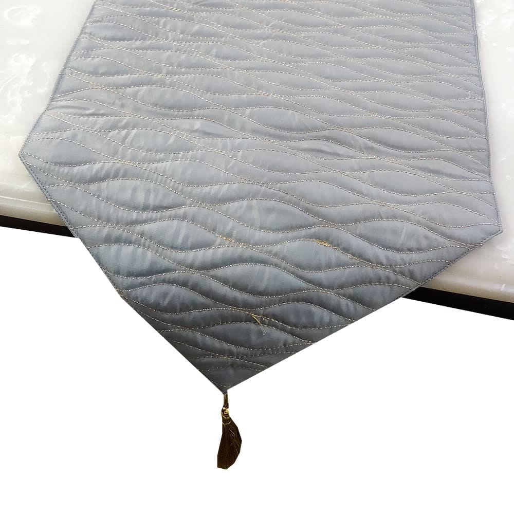 GOODVIBES Grey Woven 3 Square Quilted Cushion Cover and 1 Table Runner Combo Luxury Modern Pillow Cover for Sofa Living Room Bedroom |16X16 Inch I12 X 59 Inch Table Runner view 2