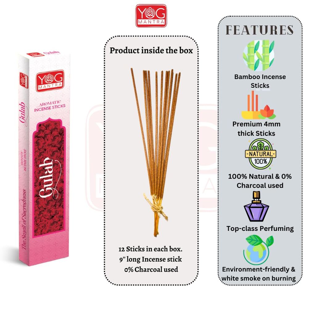 Archita YOG Mantra Incense Stick | Gulab | Pack of 12 | Charcoal free | 100% Toxin-free | Best suited for Meditation, Yoga, Pooja and Aromatherapy view 2