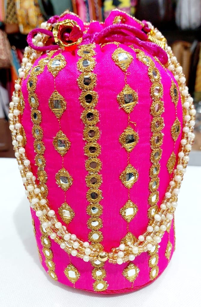 Embroidered Pink Potli Bag with Pearl Chain for Women