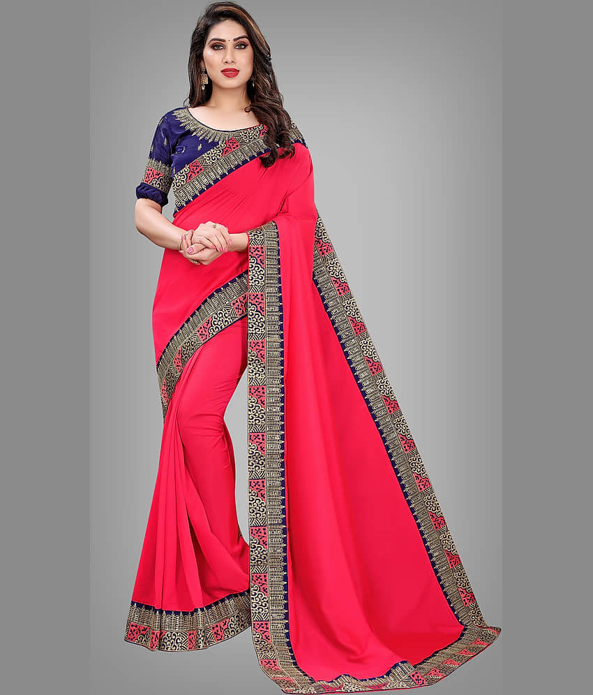 Om Shantam Sarees Crepe Embellished Saree With Unstitched Blouse Piece ( Pink )
