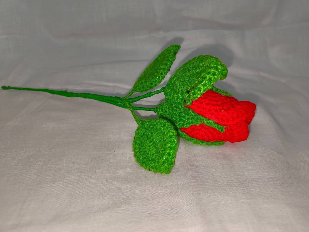 Handmade Crochet Rose* Red Rose Flower* Crocheted Rose Bud* Rose Stem view 2