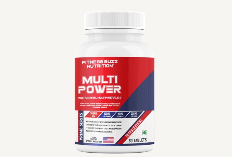 Fitness Buzz Prime Series Multi Power Multivitamin, Multiminerals, BCAA 300mg, L-Glutamine 100mg, Vitamin C 40mg, Calcium 200mg, with Bioflavonoids, Turmeric, Beetroot, Grape Seed, Lycopene, Nutraceutical, 60 Veg Tablets