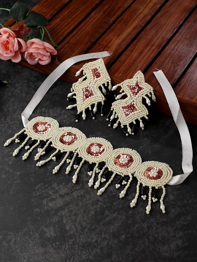 Cardinal Brown & Cream Color Geometric Design Floral Beads Weaving Handmade Choker Necklace Set view 2