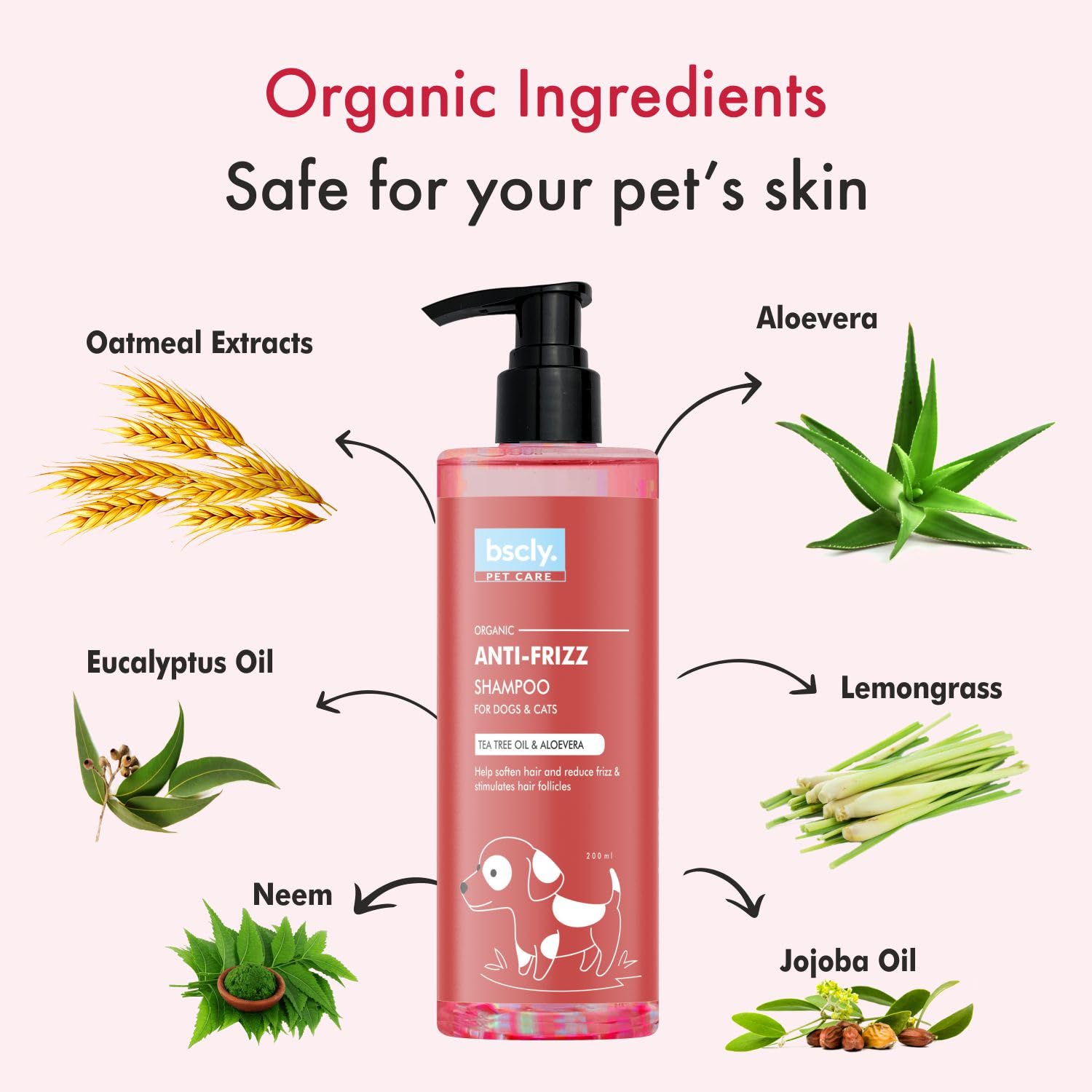 Bscly Anti Frizz Dog Shampoo with Tea Tree Oil & Aloe Vera, 200 ml | Dog Shampoo for Pomeranian, Shih tzu Puppy, German Shepherd, Labrador & Golden Retriever, Dogs Shampoo view 2