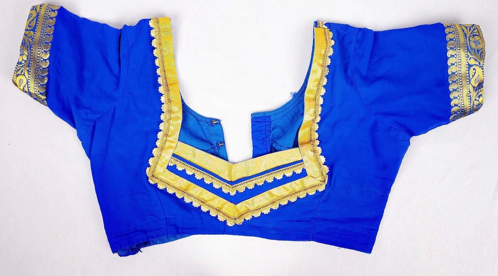 Blue Cotton Silk Saree Blouse With Golden Zari Embroidery view 2