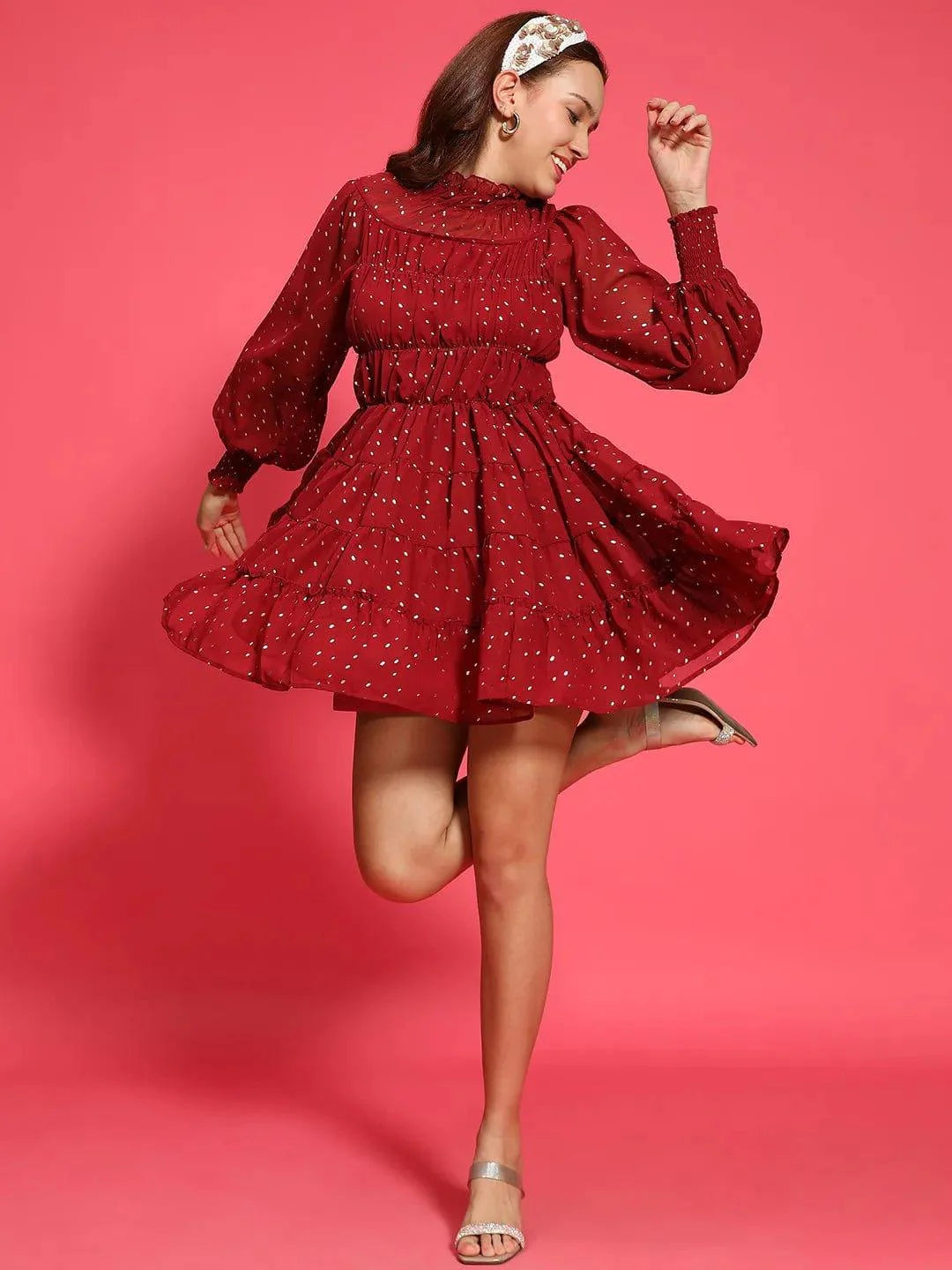 Epic Maroon Foil Print Long Sleeve Ruffle Detail Women Dress view 2