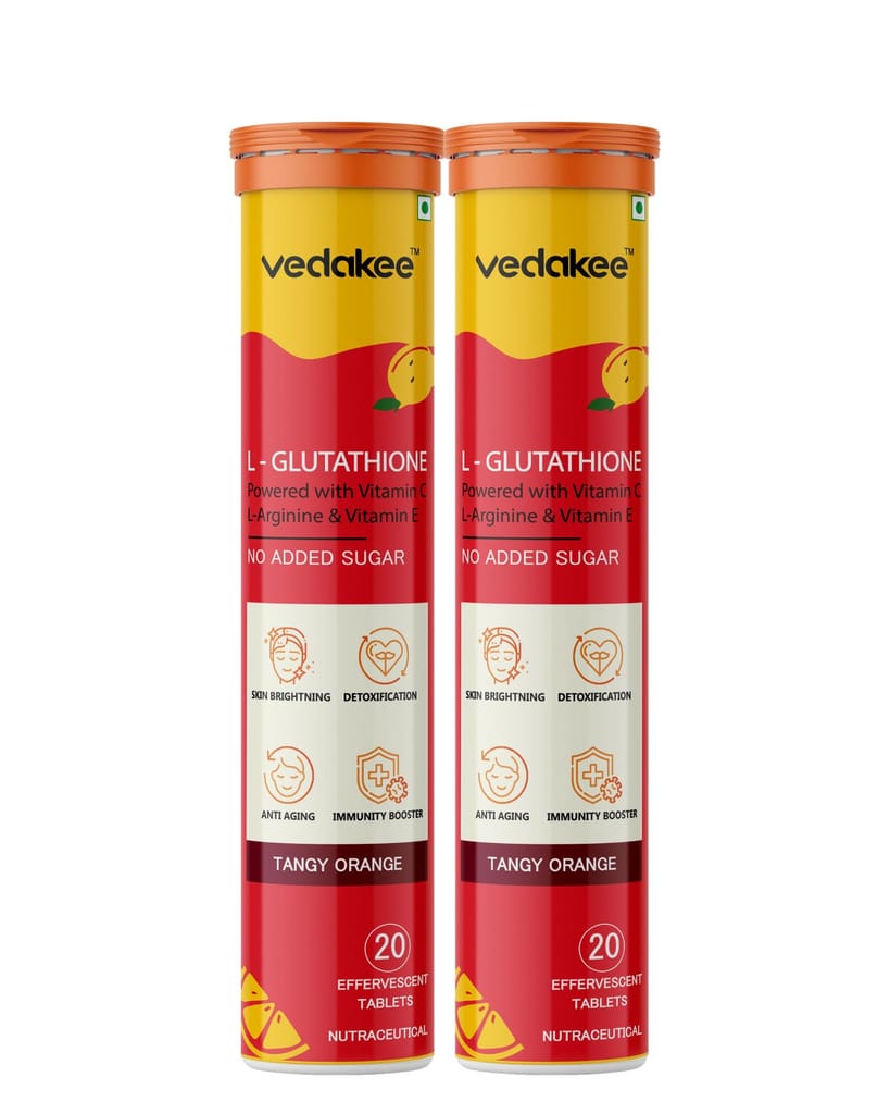 Vedakee L-Glutathione Effervescent Tablets (Orange, Tablets) | Vitamin C & E for Skin Glow, Hydration, Detox, and Antioxidant Support | Glutathione 600mg with Hyaluronic Acid & Biotin