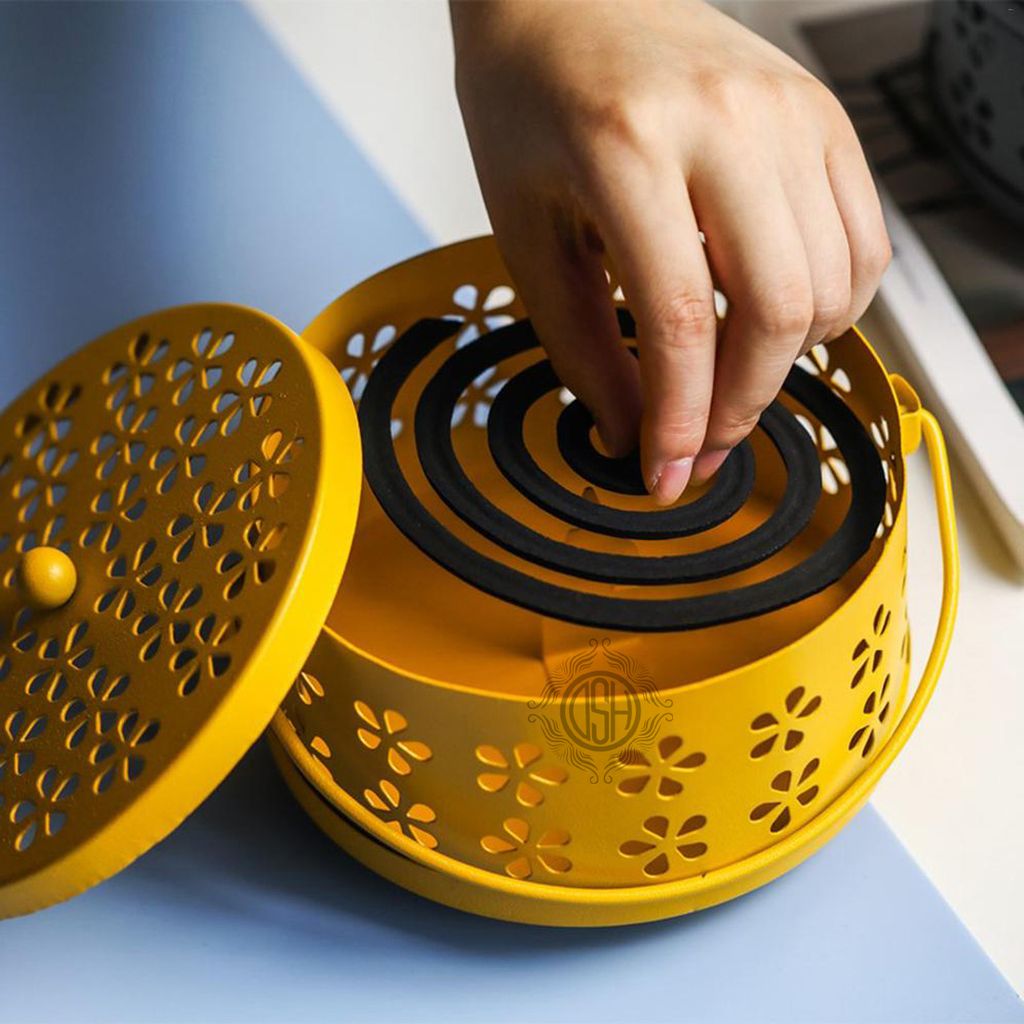 DSH Mosquito Coil Box with Handle Metal Hollow Out Mosquito Coil Holder Fireproof Incense Round Shape Coil Incense Burner (Yellow) view 2