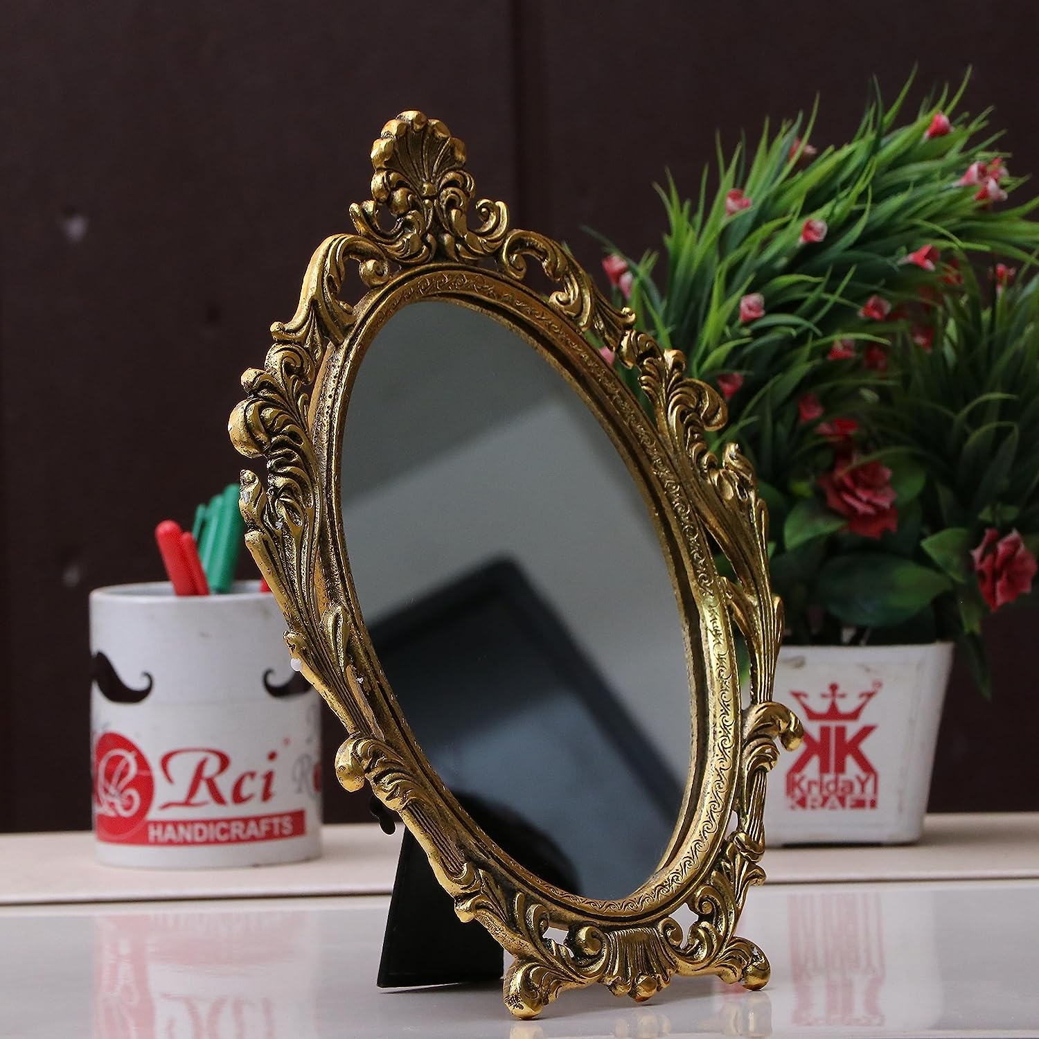 DreamKraft Gold Plated Table Mirror Perfect Gift | Floor Mount | 23x3x23cm, 500 gm view 2