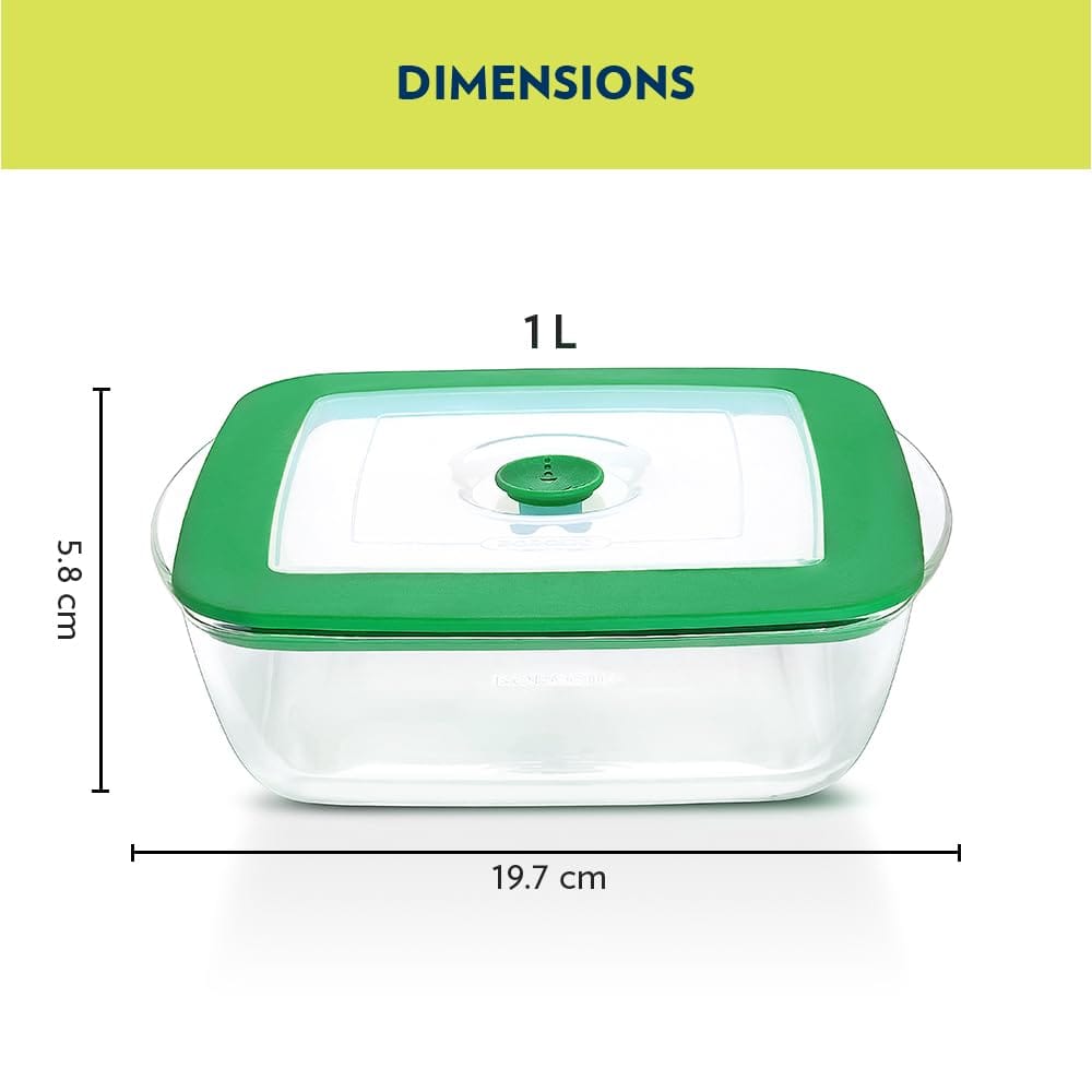 Borosil 1000ml Baking & Serving Square Shape Dish with Handle & Green Lid | Borosilicate Glass Bakeware and Serveware Casserole Dish Tray | Microwave, Oven & Dishwasher Safe Bowl | Transparent view 2
