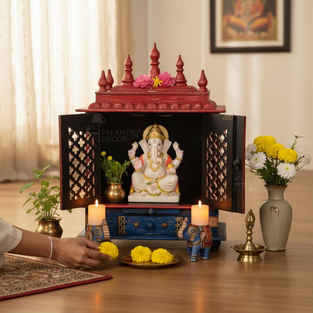 Indian Brass Fitted Distressed Colour Handmade Mandir-Wall Pooja God Stand view 2