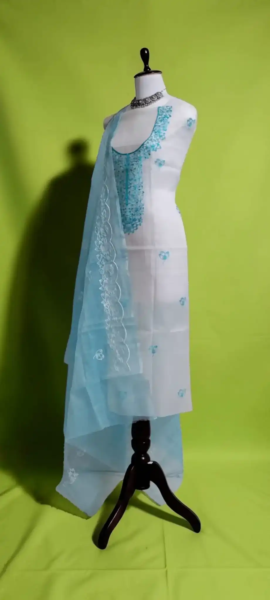 Kota Doria Dress Material in Powder Blue with Hand Embroidery view 2
