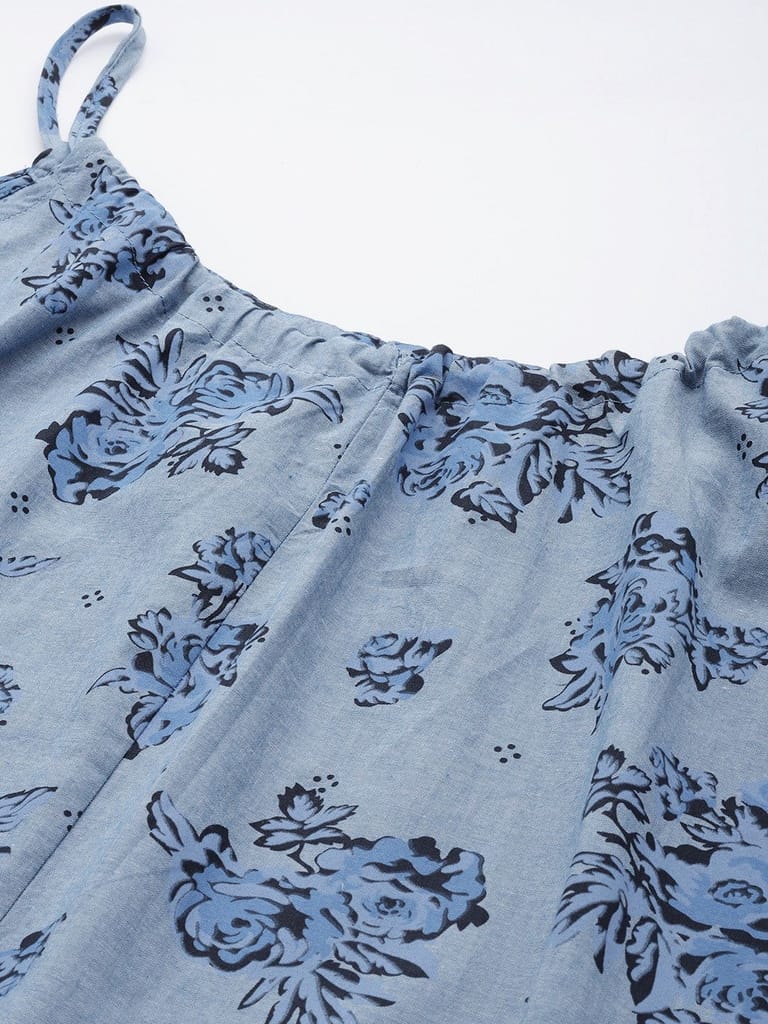 Blue Floral A-Line Pure Cotton Dress view 2