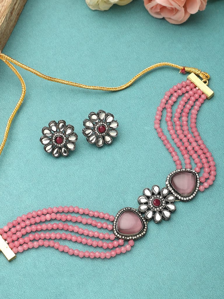 Cardinal Kundan Pink Multistring Onyx Choker Necklace Set view 2