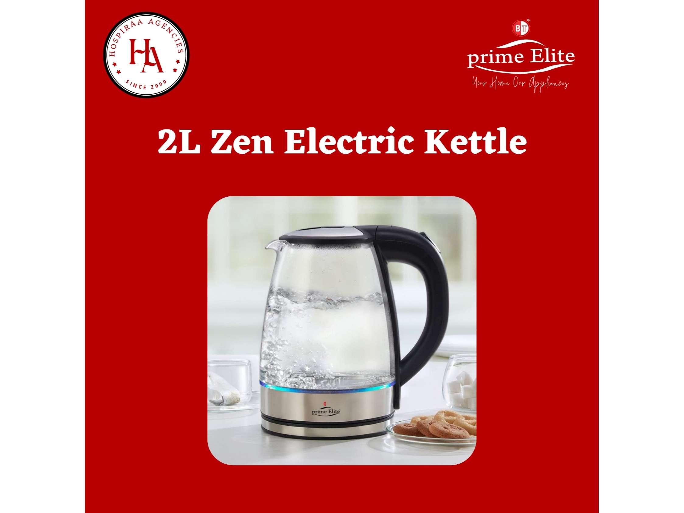 Prime Elite 2L Zen Electric Kettle, Transparent Glass Body, LED Indicator, Quick Heating, Safe Auto Cut-Off