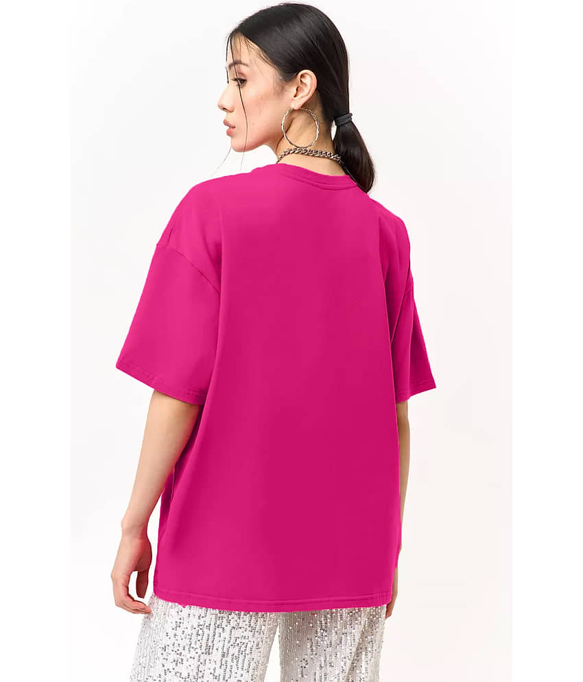 Leotude Women Cotton Blend Printed Oversized Round Neck T-Shirt ( Pink ) view 2