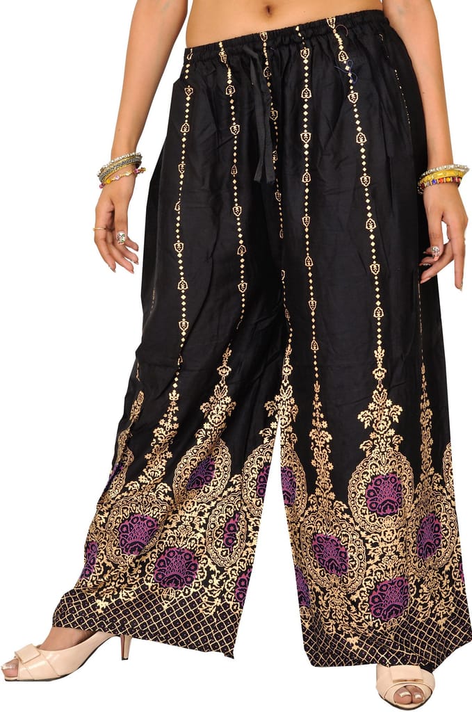 Phantom-Black Casual Yoga Trousers with Golden Floral Print view 2