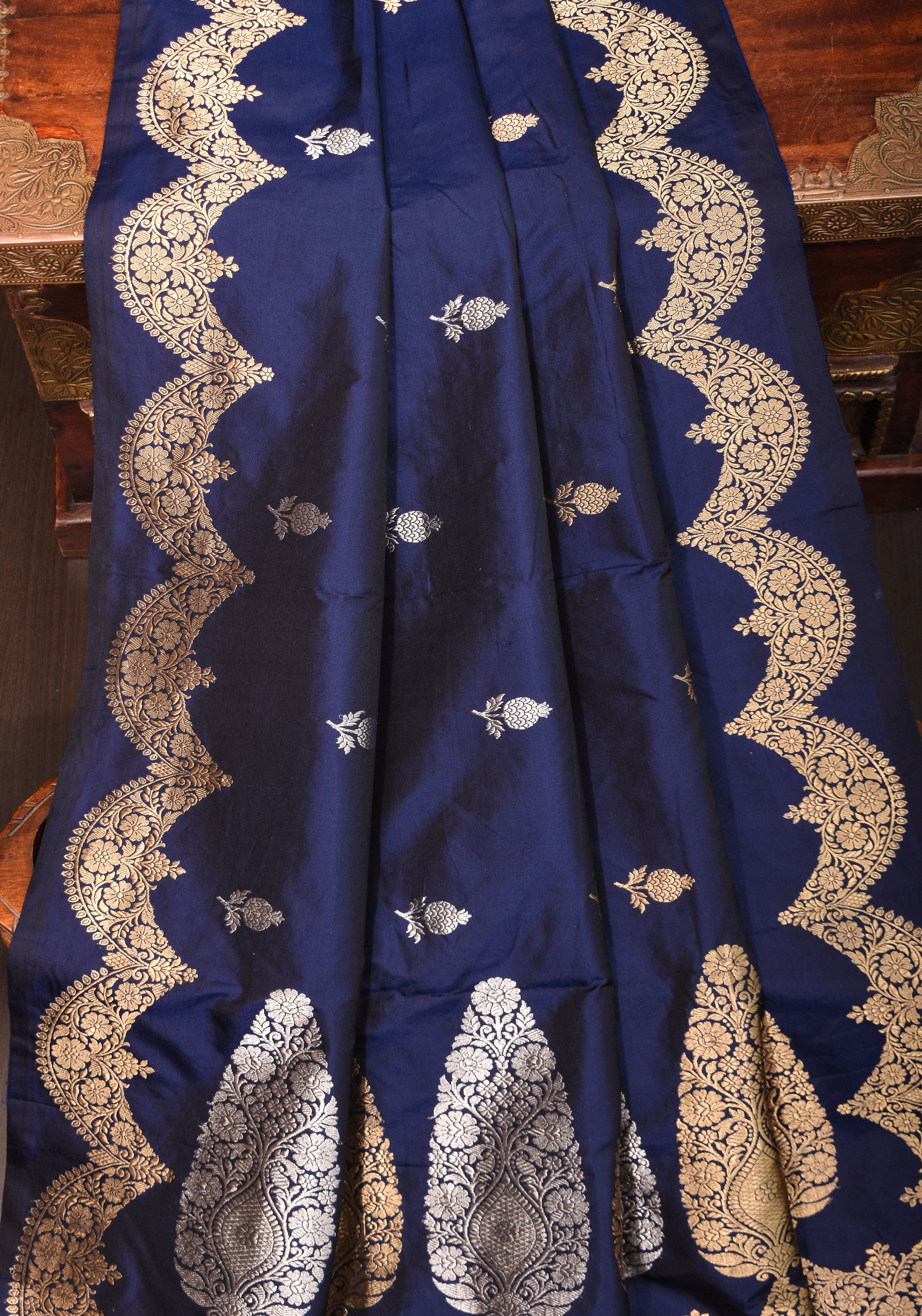 Banarasi Katan Silk Saree in Blue with Scalloped border and Pallu | SILK MARK CERTIFIED view 2