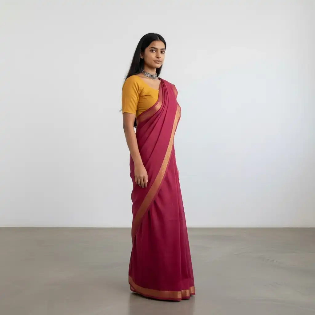 Magenta Pink Kanchipuram Cotton Saree with Golden Woven Border view 2