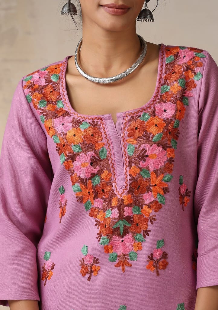 HOC Crafts Woollen Aari Embroidered Solid Women's 2 PC Long Kurta Set - Lavender view 2