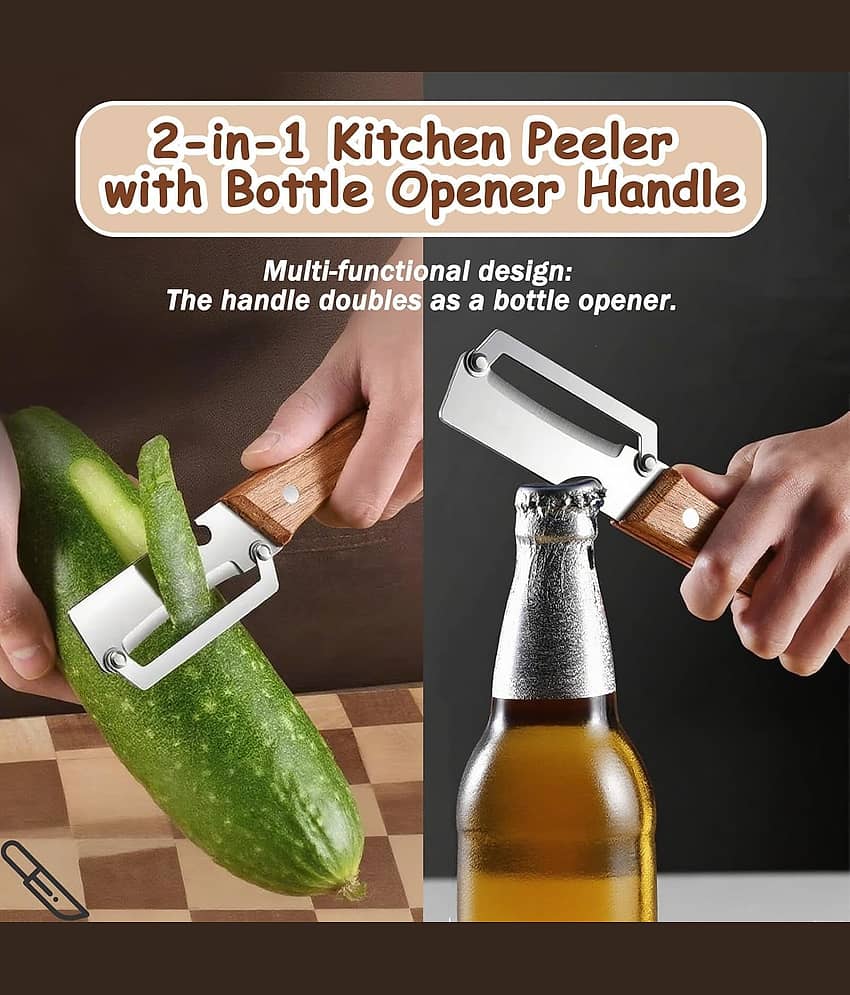 Multi-Functional Vegetable Peeler for Kitchen, Stainless Steel Peeler with Wooden Handle and Bottle Opener, Single Blade Peelers Tool, Suitable for Vegetables or Fruits view 2