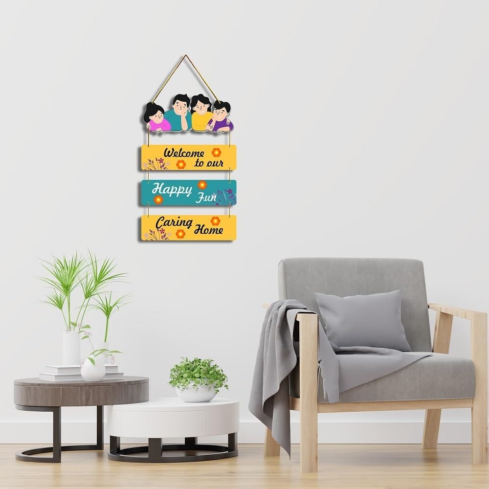 Charmor Welcome to our Happy Fun Decorative Wall Hanger for Living Room | Bedroom | Gift | Home Decoration | Wooden Design Item (WH3314) view 2