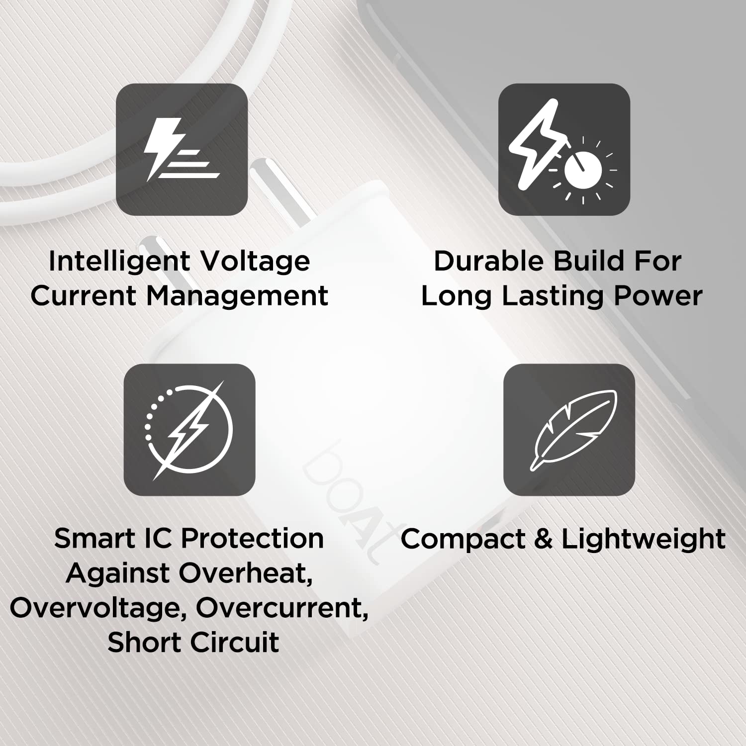 boAt WCDV 22.5W Dual Port Fast Charger, Overheat/Overcharge Protection, Auto Detection for Samsung, Xiaomi & Android Users with Type C to Type C Cable (White) view 2