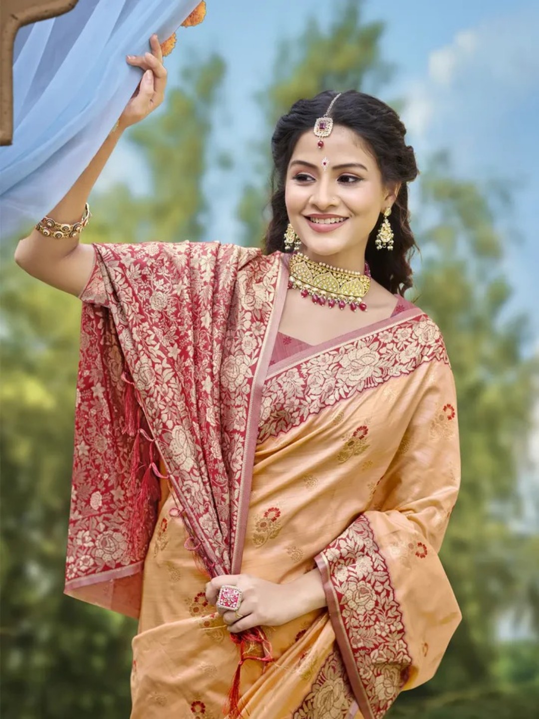 Peach Banarasi Silk Saree view 2