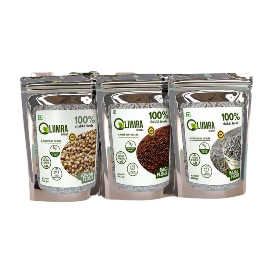 Liimra Naturals Millet Combo Flour - Jowar, Bajra, Ragi High Fiber, Protein-Packed, Low GI, Gluten-Free Carbohydrate Replacement, 100% Chakki Fresh Flour (250 X 3 Gram) - 750 gm view 2