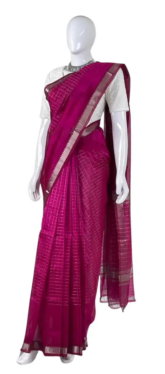 Mangalgiri Zari Checks Magenta-Andhra Silk Saree view 2