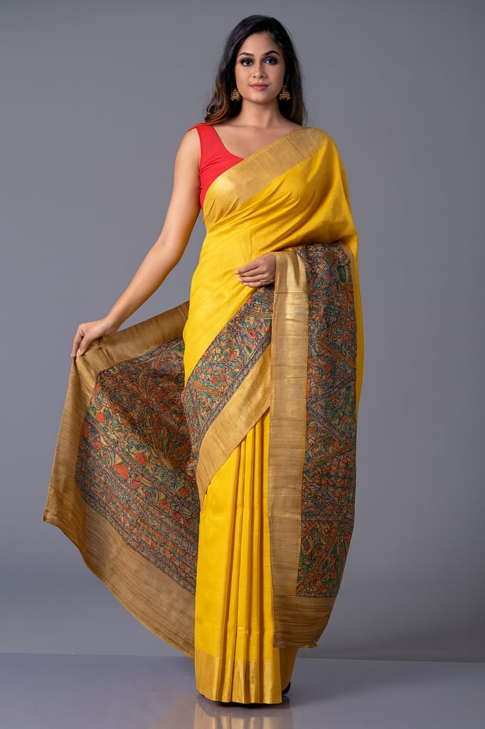 Yellow Tussar Silk Saree with Madhubani Hand-Painted Art