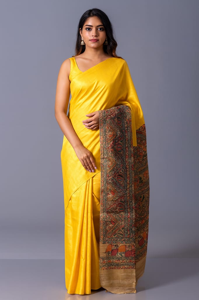 Yellow Tussar Silk Saree with Madhubani Hand-Painted Art view 2