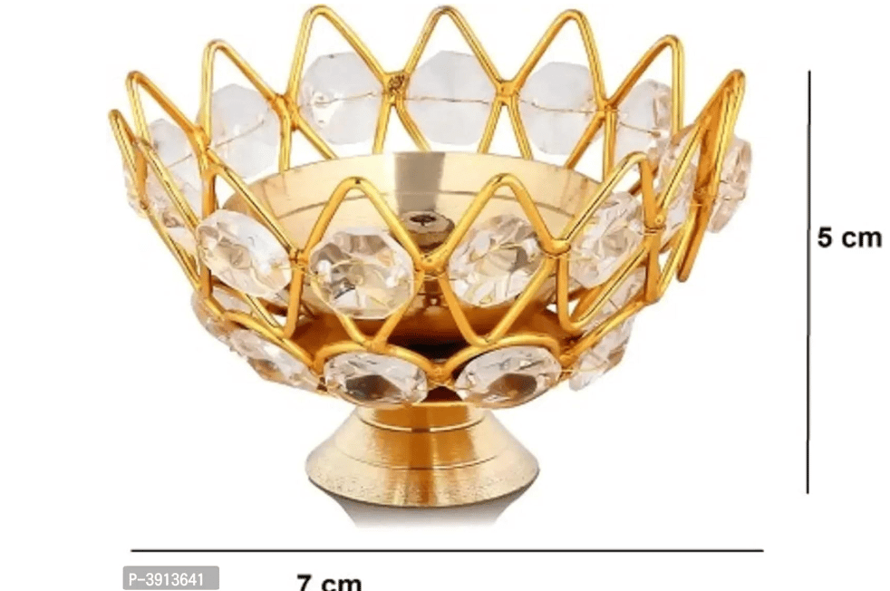 Vindhya Brass Leaf Akhand Diya/ Decorative Festival Lamp/ Mahalakshmi Kamal Diya/ Silver Gold and Copper Plated Dhan Kuber Lotus Design Diya/ Kamalpatta Diya - 5 inch [Golden Glass] view 2