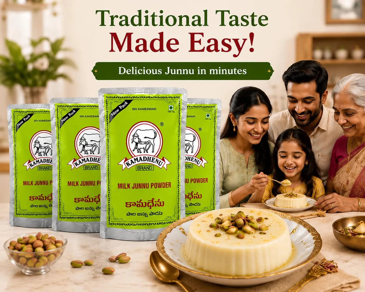 Kamadhenu Milk Junnu Powder Pack of 4 | Instant Junnu Mix | Karvas Mix | Traditional Milk Pudding Dessert Premix | Easy Homemade Junnu | Rich & Creamy Sweet Mix view 2