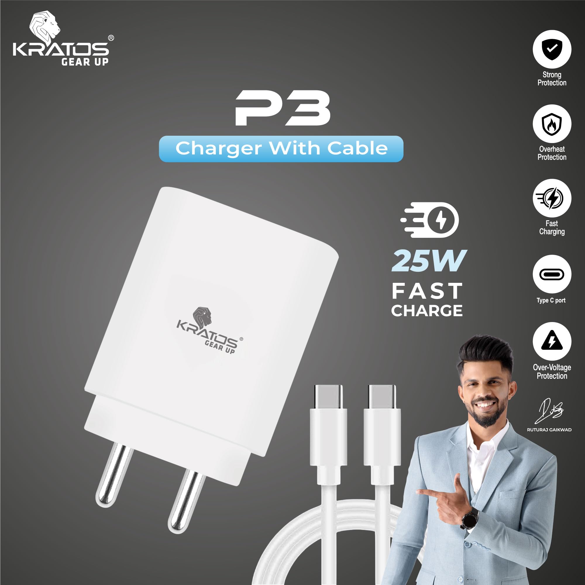 Kratos Original 25W Charger Adapter with Type C to C Cable, Fast Charger Compatible with Samsung Galaxy A15/M35/A35/A55/M05/M15/F15/M55| M34/M14/F34/F14/F54/A14/S23/S24/S25/ Fold/Flip/Tab, White view 2
