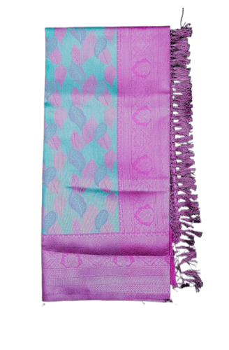 Aqua & Magenta Leaf Pattern Silk Blend Saree with Intricate Woven Border - Kanjivaram Saree