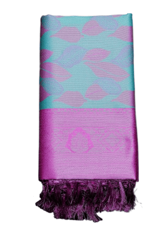 Aqua & Magenta Leaf Pattern Silk Blend Saree with Intricate Woven Border - Kanjivaram Saree view 2