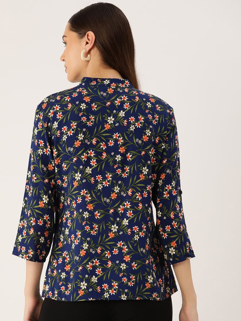 Floral Print Mandarin Collar Shirt Style Top view 2