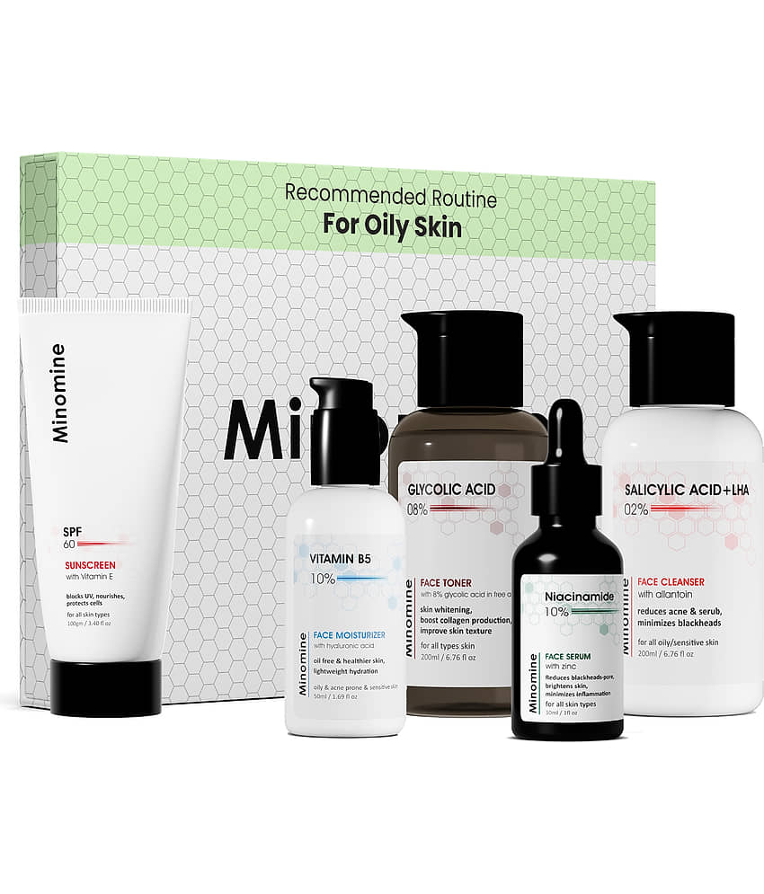 Minomine Oily Skin Gamechangers Skincare Routine Kit for Unisex | Salicylic Acid Cleanser, Niacinamide Serum Toner, Vitamin B5 Moisturizer & SPF 60 Sunscreen | Combo Set