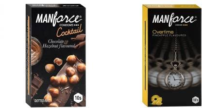 MANFORCE Cocktail Condoms with Dotted-Rings Hazelnut & Chocolate Flavoured- 10 Pieces & Overtime Pineapple 3in1 (Ribbed Contour Dotted) Condoms - 10 Pieces Condom (Set of 2 20 Sheets)