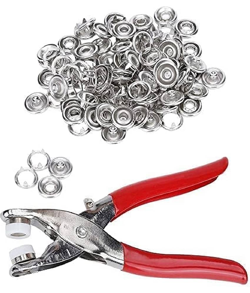 18-ENTERPRISE 100pc Silver Button emergency button tool Thickened Snap Fasteners Kit Metal Five Claw Set with Hand Pressure Pliers Tool DIY Sewing Buttons Set for Clothing Sewing, Crafting (only Silver Button).