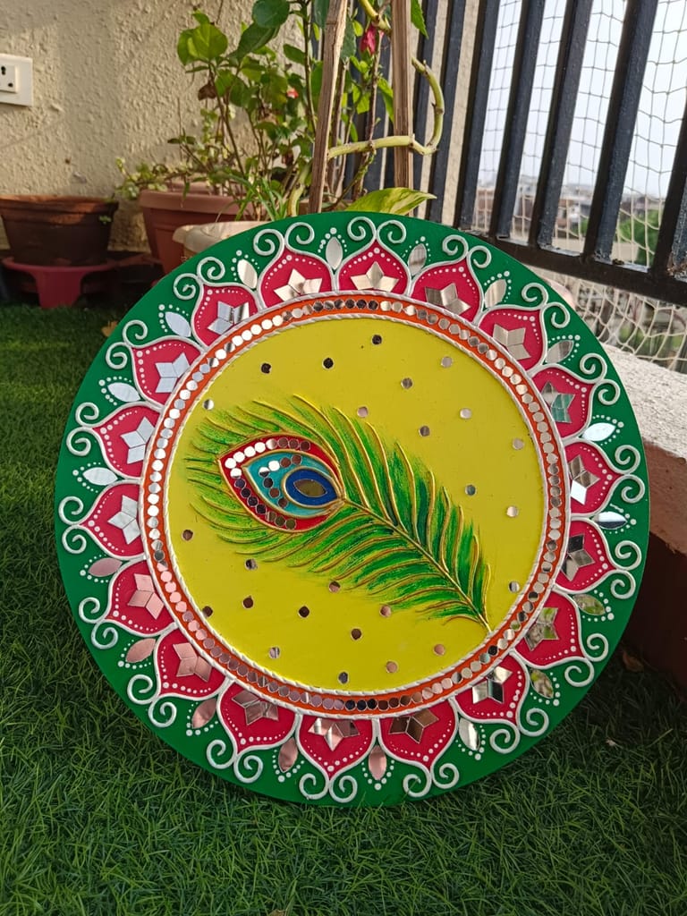 Rema Fabtex Art - Beautiful Home Decor Lippan Art Mirror Wall Decor Handmade Wall Art - Peacock feather 12 inch x 12 Inch view 2