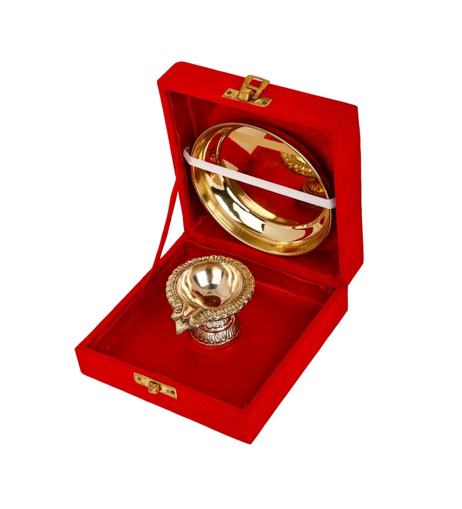 BulkySanta Brass Plate with Diya || Brass Laxmi Kuber Diya Big Size || Brass Plate 4 inches (with Gift Box) view 2