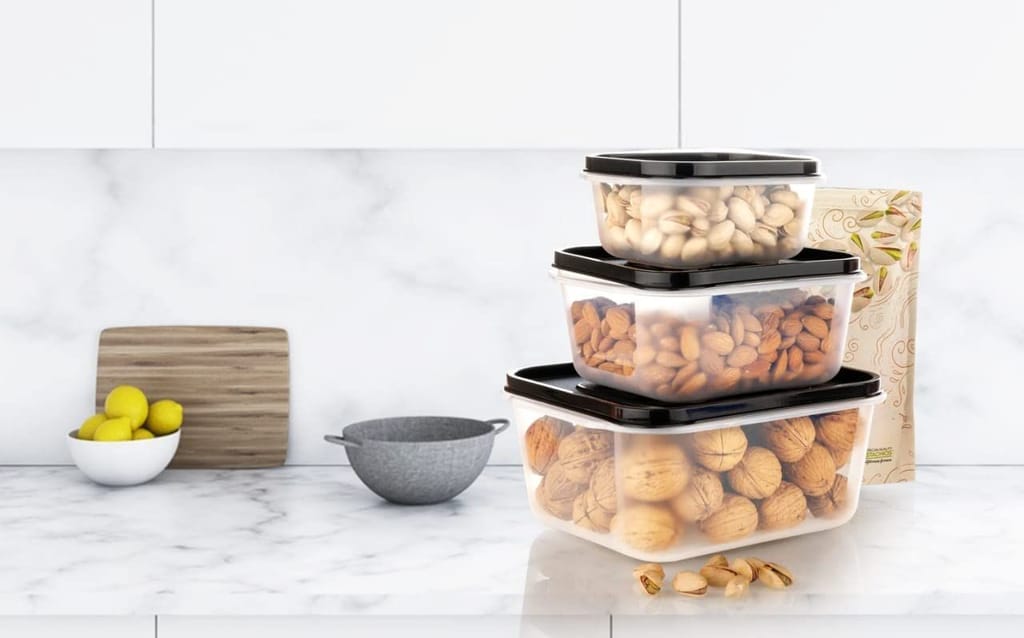 HAPPI Multipurpose Plastic Food Storage Containers with Airtight Lid 3 Pcs Masala Box for Kitchen, Container for Kitchen Storage Set Dry Fruits Dabba 700ml, 1400ml, 2400ml (Black) view 2