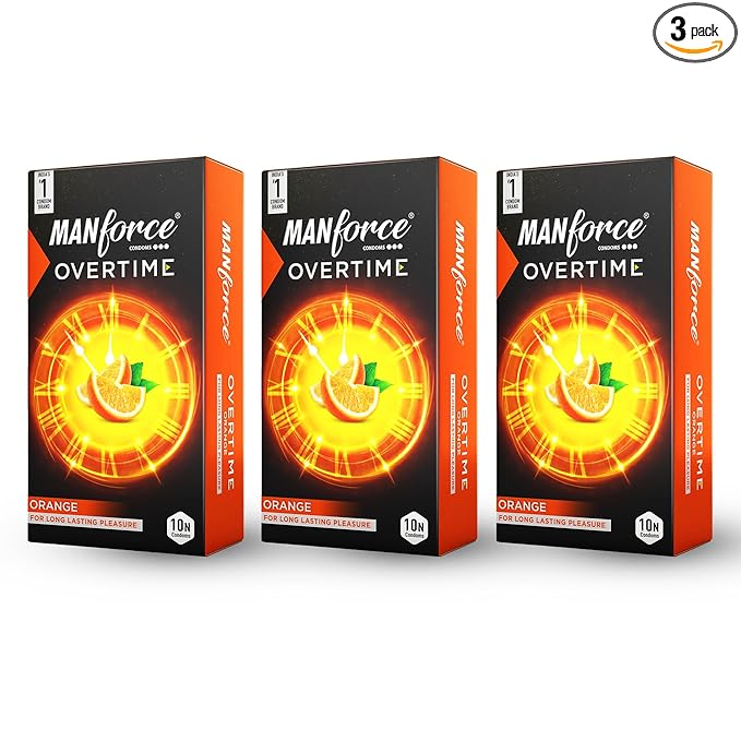 MANFORCE 3 in 1 Condoms (Ribbed Contour Dotted) Overtime Orange Flavoured- 10 Pieces x Pack of 3 Condom (Set of 3 30 Sheets)