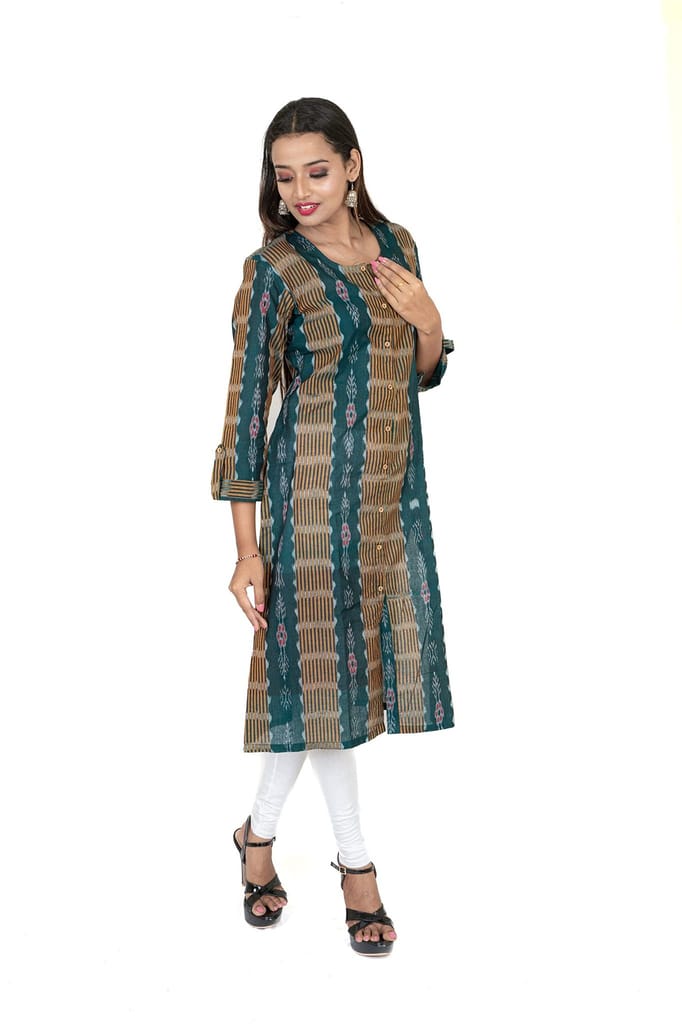 GHL GUENDICHA HAAT Sambalpuri Certified Handloom Women's Pure Cotton Round Neck Front Slit Kurta view 2