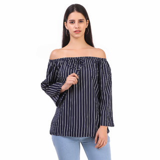 Revexo Women Navy Striped off Shoulder Regular fit Top