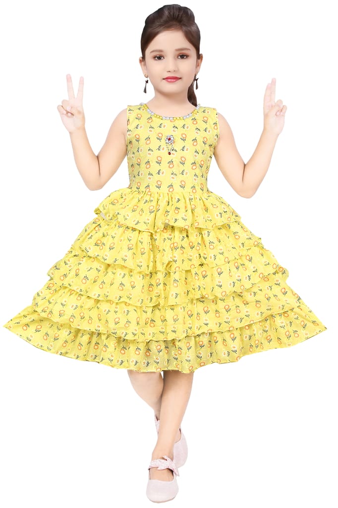 Buy Yellow Cotton Blend Kids Party Wear Ruffled Frock For Girls Online
