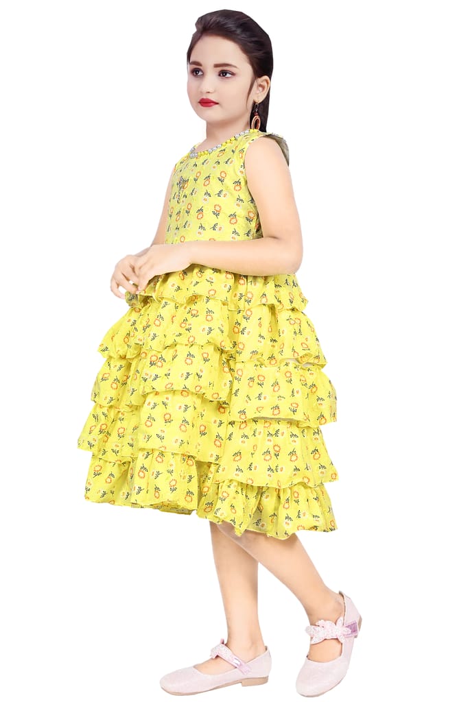 Buy Yellow Cotton Blend Kids Party Wear Ruffled Frock For Girls Online view 2